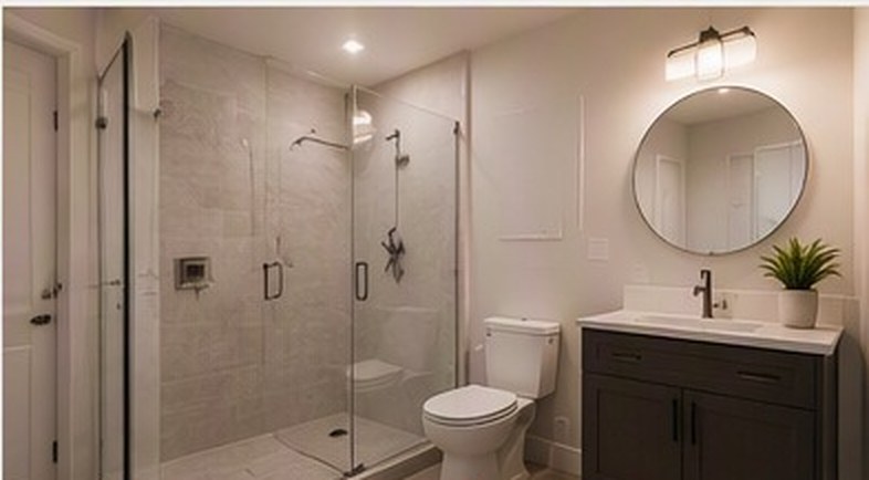Design rendering of a bathroom with a glass walk in shower and vanity