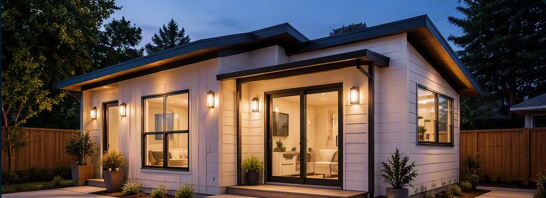 Design rendering of a detached ADU at dusk with board and batten siding, a shed roof and lit interior