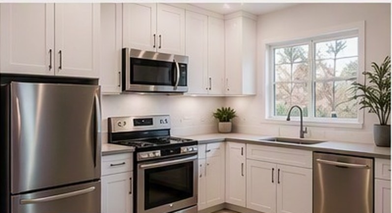 Rendering of a full kitchen with a range, dishwasher and full height refrigerator