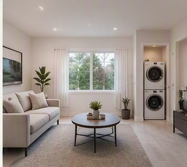 Rendering of a living area with a stacked washer and dryer in a closet alongside