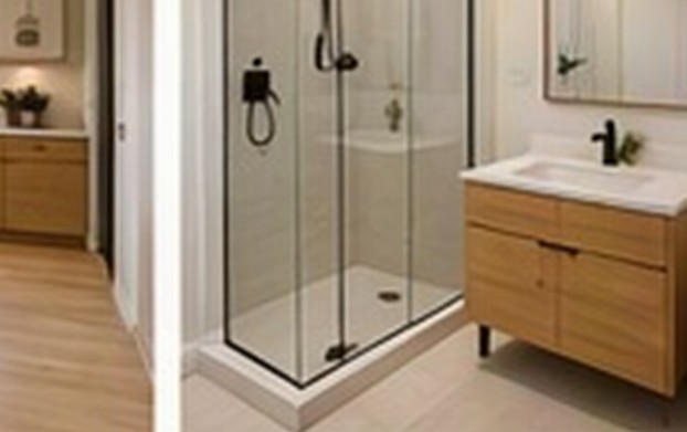 Rendering of one of the two 5 by 8 foot bathrooms with a walk in shower