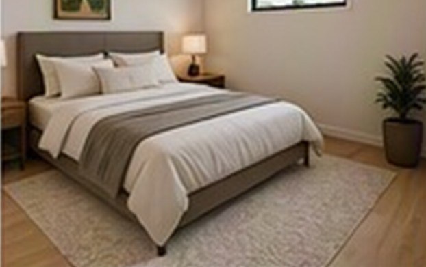 Rendering of one of the two 10 by 11 foot bedrooms with a high window