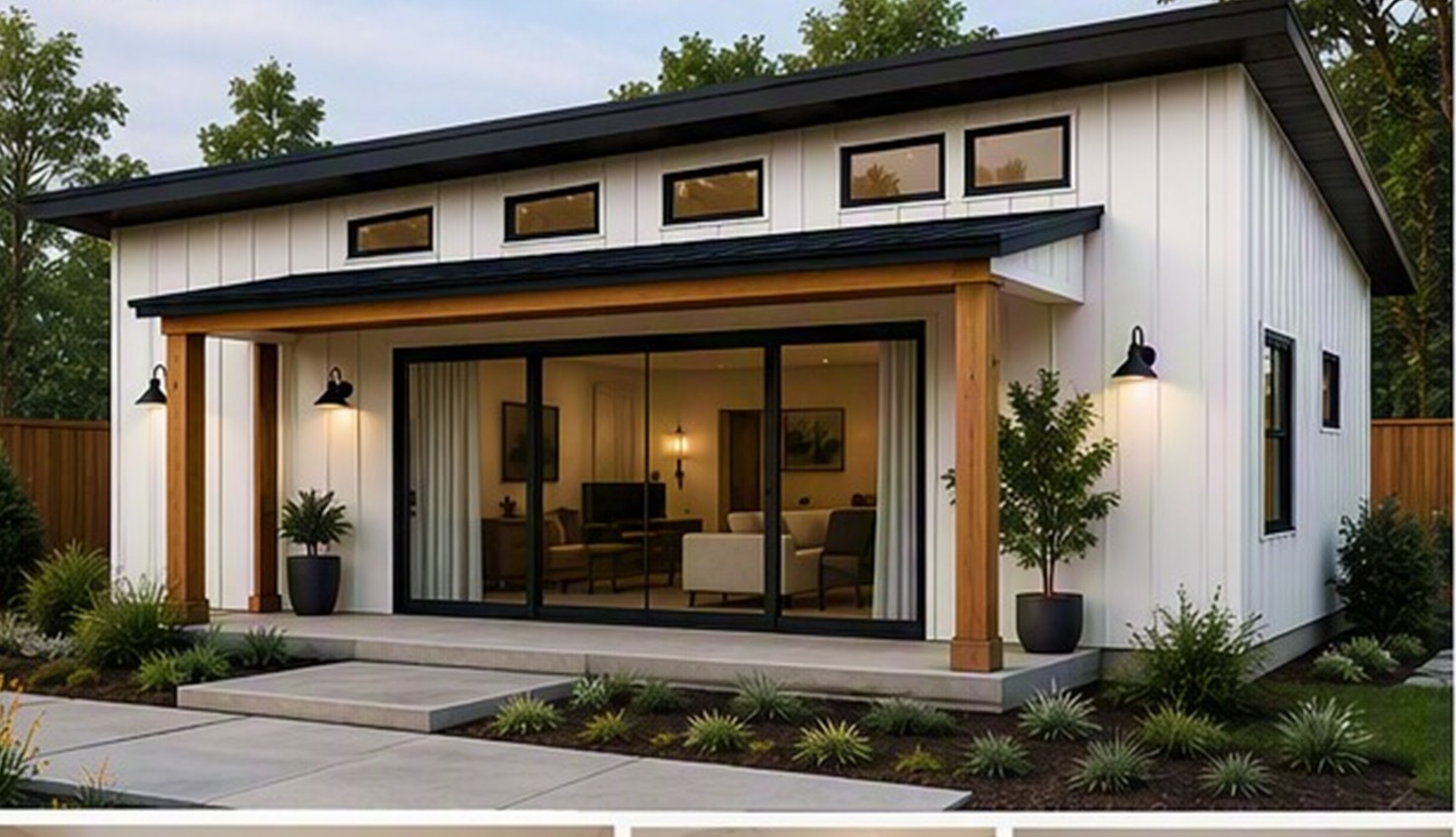 Rendering of the 20 by 40 foot modern farmhouse ADU: white board and batten, black shed roof, clerestory windows, covered porch on timber posts and a wide sliding glass door