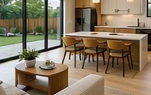 Rendering of the open living, dining and kitchen area with an island and sliding doors to the garden