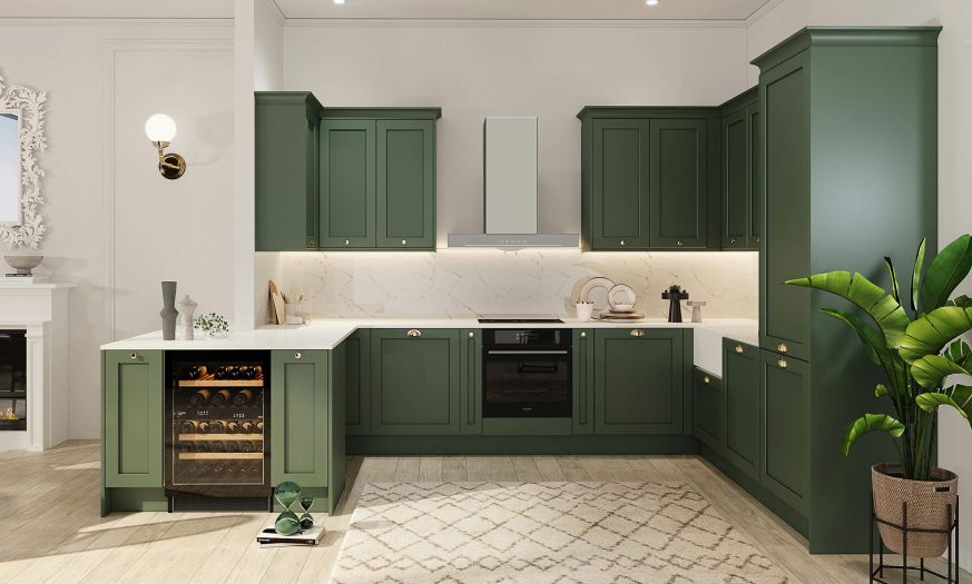 3D kitchen design showing green shaker cabinets, a quartz backsplash and an integrated wine cooler