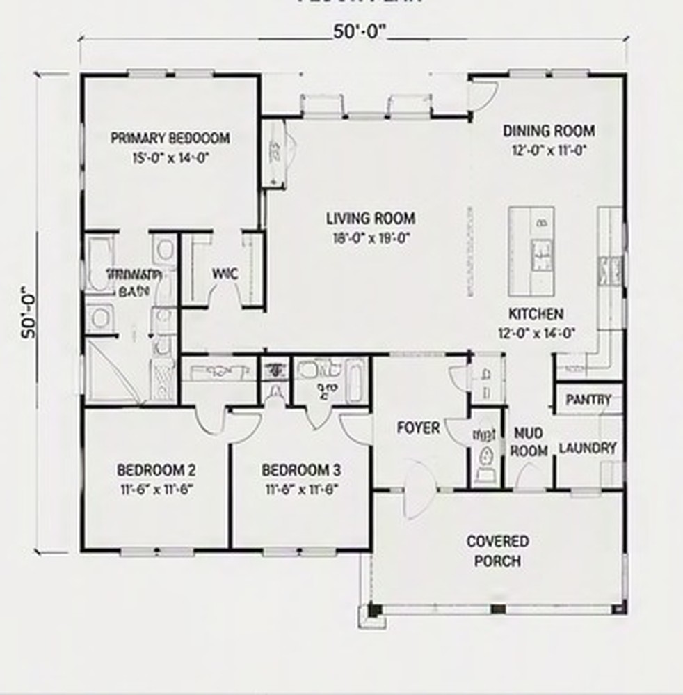 Floor plan of the 2,150 square foot farmhouse: primary bedroom with walk in closet and bath, two further bedrooms, open living room, kitchen with island, dining room, pantry, mud room, laundry and a covered porch