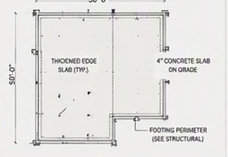 Foundation plan showing a four inch slab on grade with a thickened edge and footing perimeter