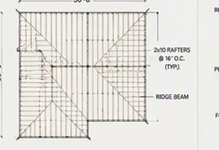 Roof framing plan showing 2 by 10 rafters at 16 inches on centre and the ridge beam