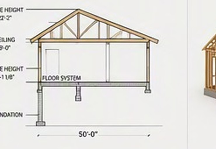 Cross section showing ridge height, ceiling height, plate height and the floor system over the foundation