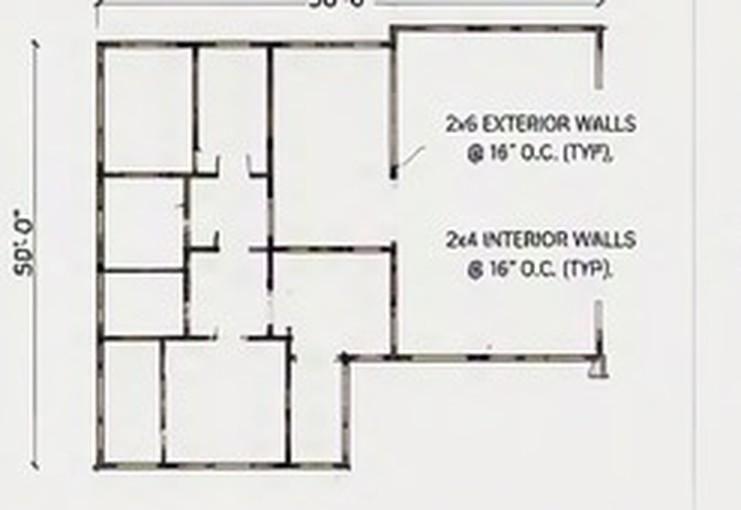 Wall framing plan showing 2 by 6 exterior studs and 2 by 4 interior studs at 16 inches on centre